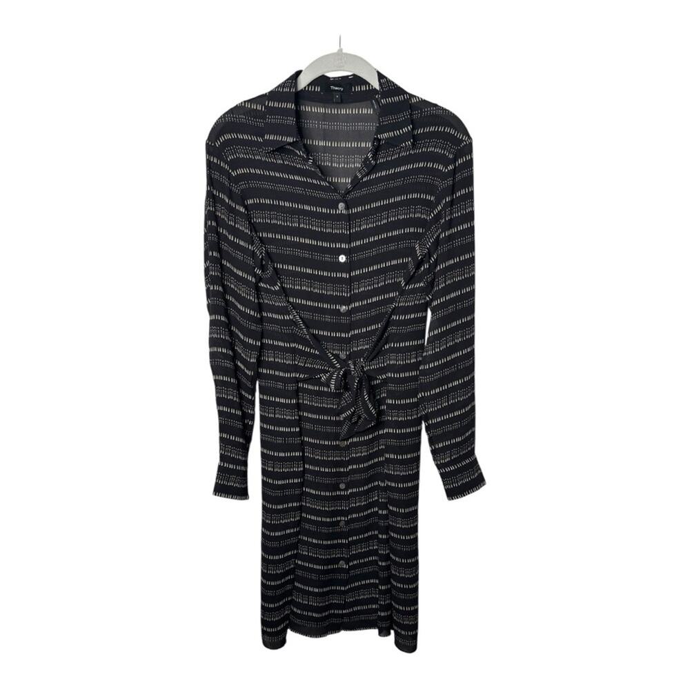 Theory Black White Button Front Belted Dress XS Petite Long Sleeve